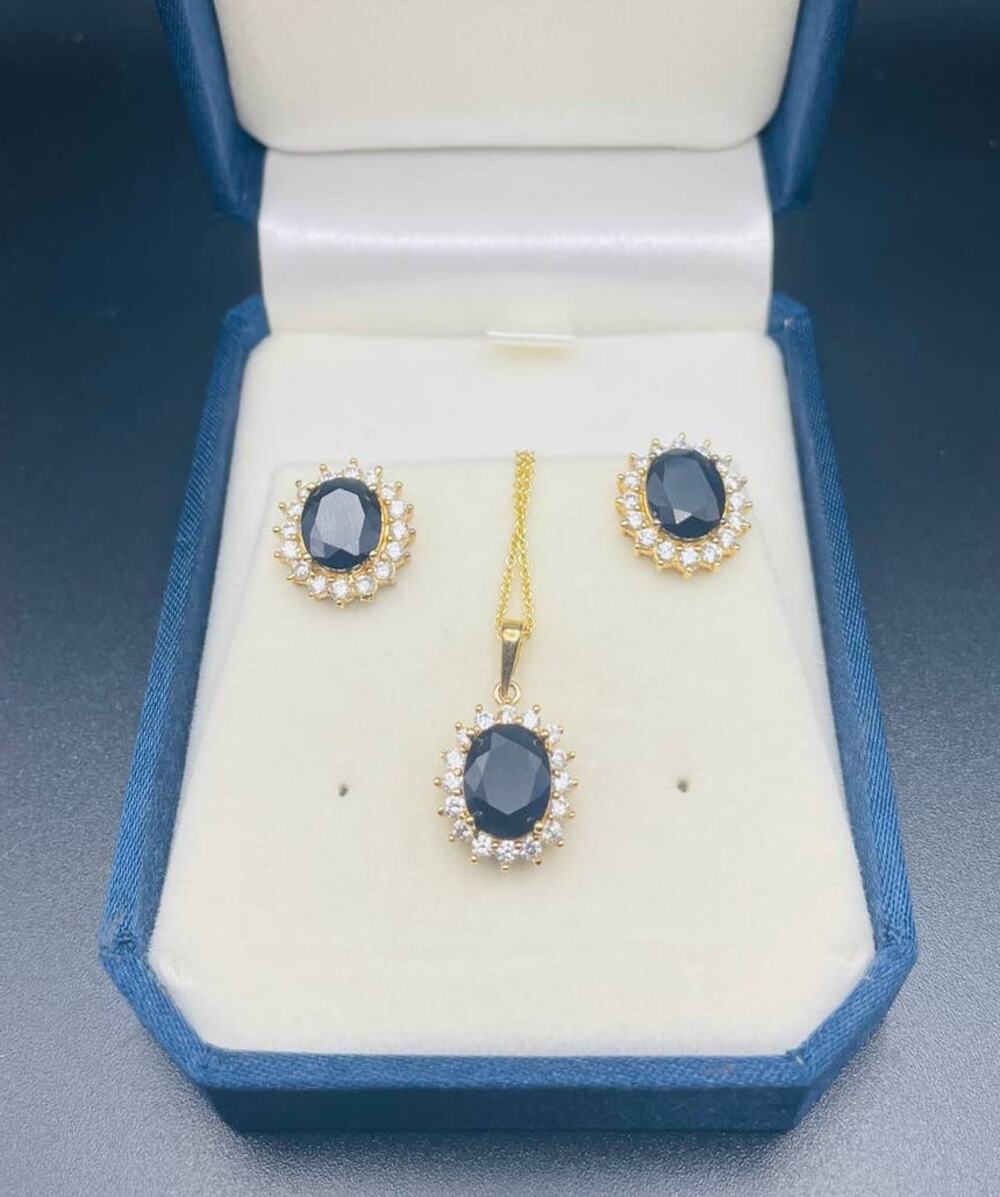 FAS 925 Vermeil Blue White Crystal Necklace Stud Earrings Set New in Box Italy